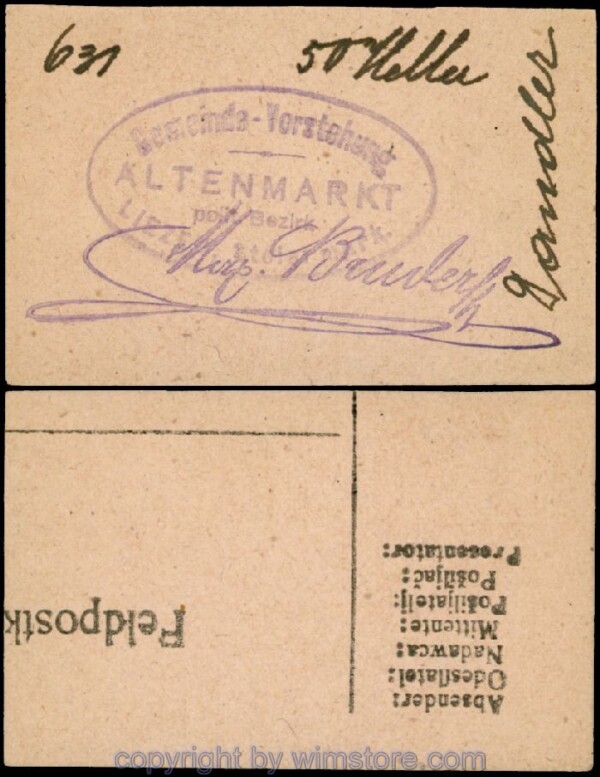 sn100401 Altenmarkt, G0028Ia33, 50 Heller, auf Postkarte; Erhaltung siehe Bild