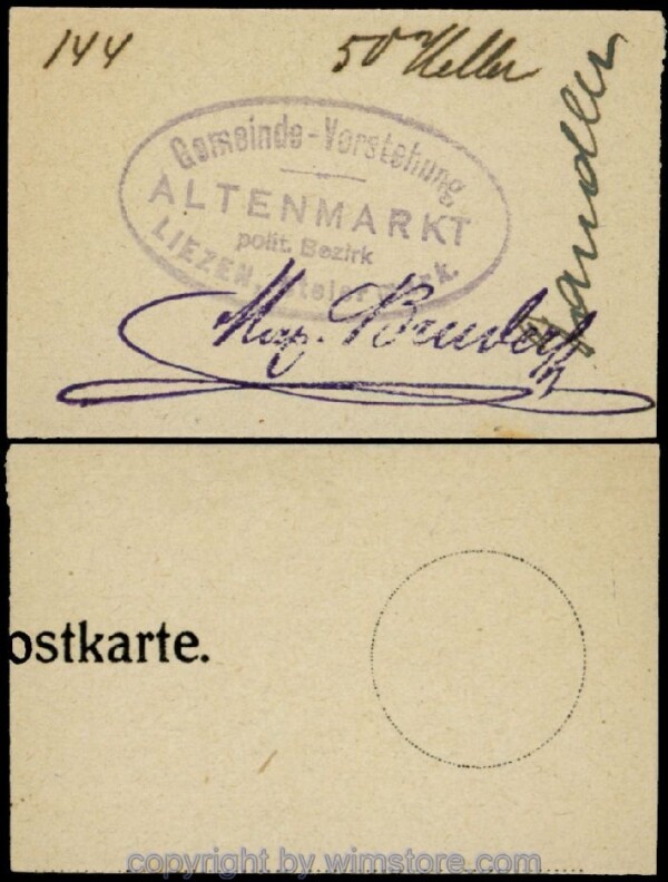 Altenmarkt, G0028Ia33, 50 Heller, auf Postkarte; Erhaltung siehe Bild