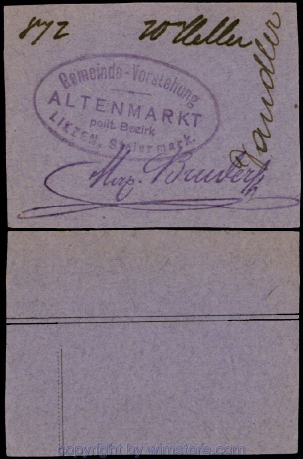 Altenmarkt, G0028Ia32, 20 Heller, auf (Post)karte; Erhaltung siehe Bild