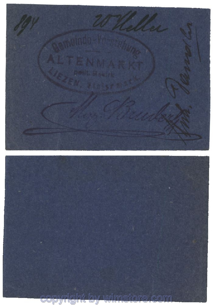 sn100470 Altenmarkt, G0028Id26, 20 Heller, auf Packpapier; Erhaltung siehe Bild