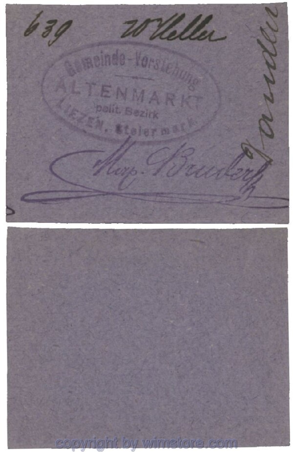 Altenmarkt, G0028Id32, 20 Heller, auf Packpapier 1; Erhaltung siehe Bild