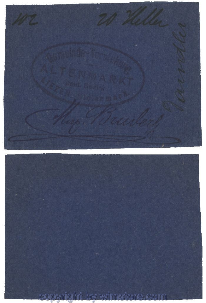 sn100475 Altenmarkt, G0028Id32, 20 Heller, auf Packpapier 2; Erhaltung siehe Bild