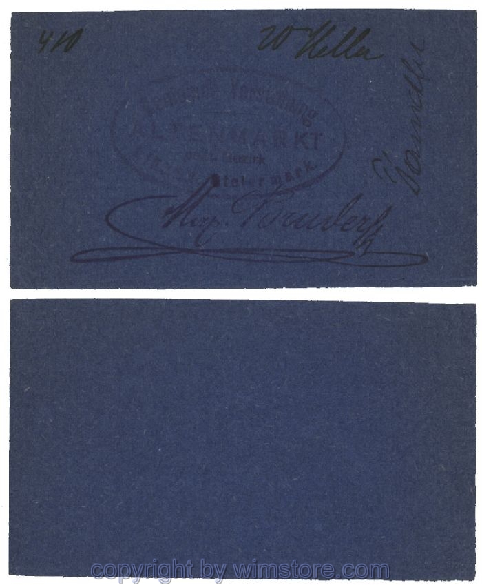 sn100479 Altenmarkt, G0028Id32, 20 Heller, auf Packpapier 2; Erhaltung siehe Bild