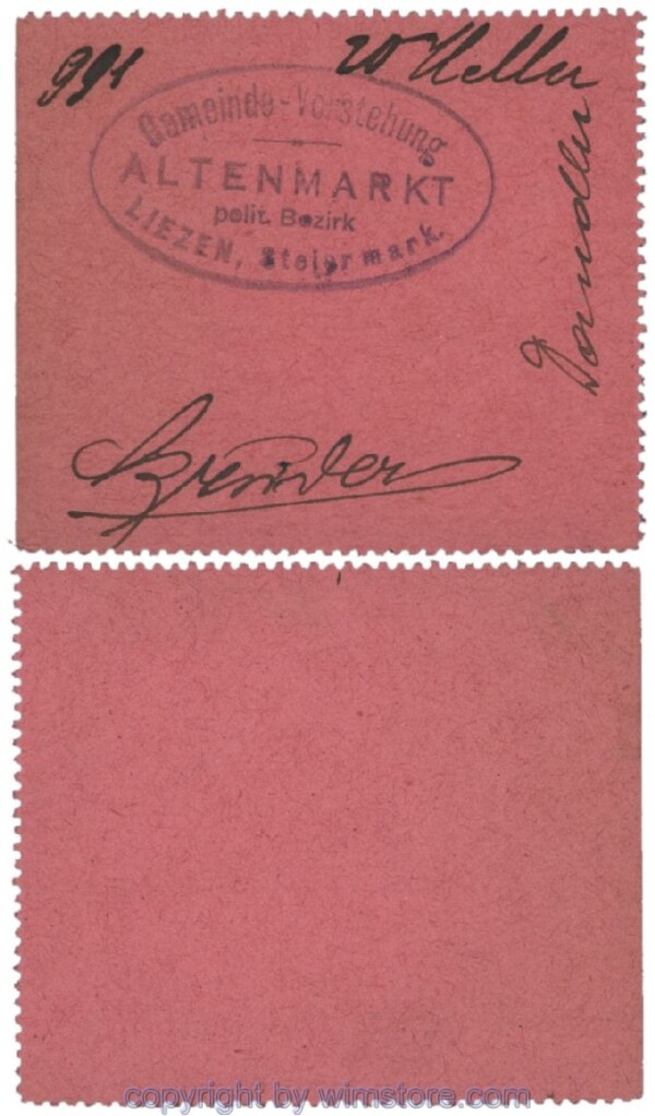 Altenmarkt, G0028Ie14, 20 Heller, rosa, 2 Seiten perforiert; Erhaltung siehe Bild