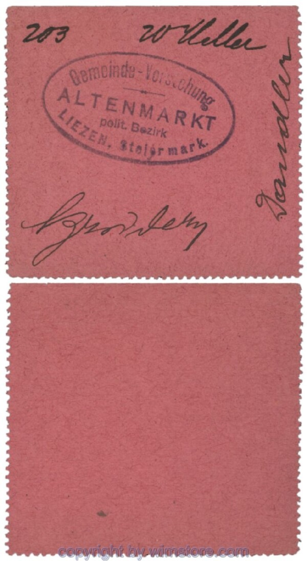 Altenmarkt, G0028Ie14, 20 Heller, rosa, 3 Seiten perforiert; Erhaltung siehe Bild