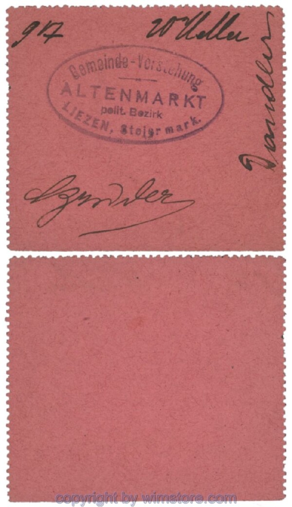 Altenmarkt, G0028Ie14, 20 Heller, rosa, 3 Seiten perforiert; Erhaltung siehe Bild