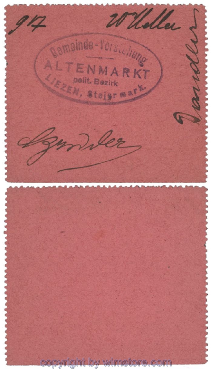sn100514 Altenmarkt, G0028Ie14, 20 Heller, rosa, 3 Seiten perforiert; Erhaltung siehe Bild