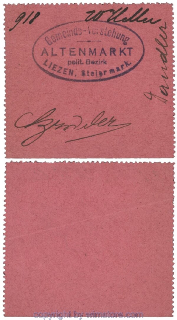 Altenmarkt, G0028Ie14, 20 Heller, rosa, 3 Seiten perforiert; Erhaltung siehe Bild