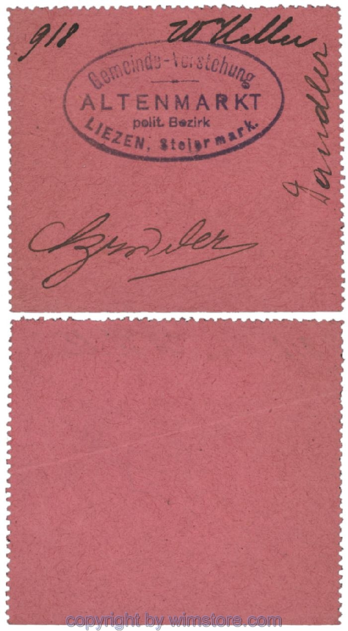 sn100515 Altenmarkt, G0028Ie14, 20 Heller, rosa, 3 Seiten perforiert; Erhaltung siehe Bild