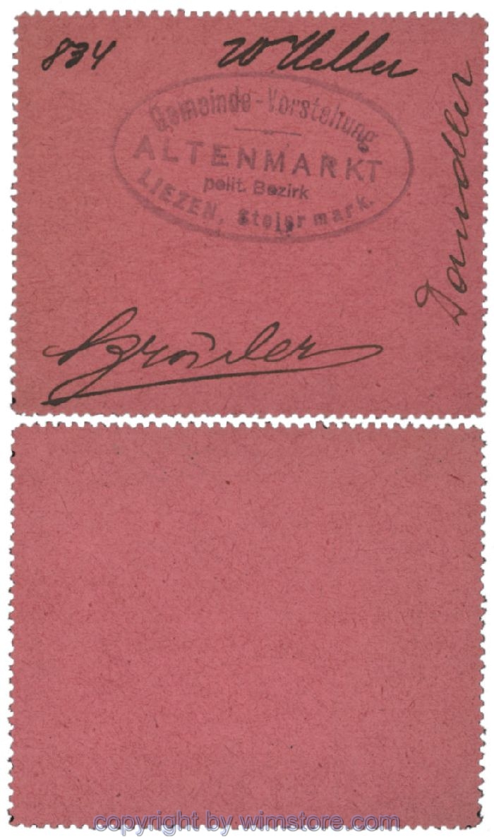 sn100516 Altenmarkt, G0028Ie14, 20 Heller, rosa, 4 Seiten perforiert; Erhaltung siehe Bild