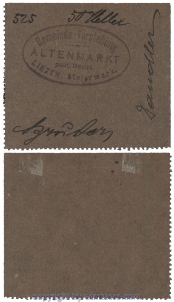 sn100517 Altenmarkt, G0028Ie15, 50 Heller, graubraun, 2 Seiten perforiert; Erhaltung siehe Bild