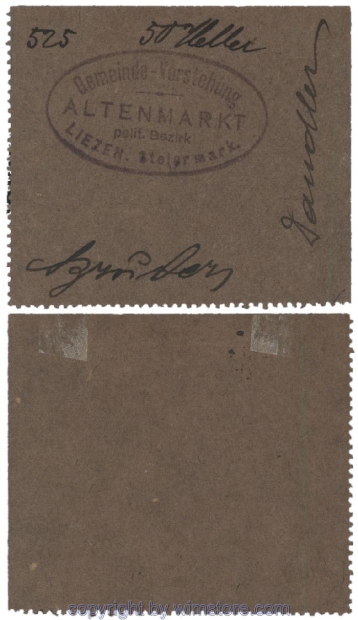 sn100517 Altenmarkt, G0028Ie15, 50 Heller, graubraun, 2 Seiten perforiert; Erhaltung siehe Bild