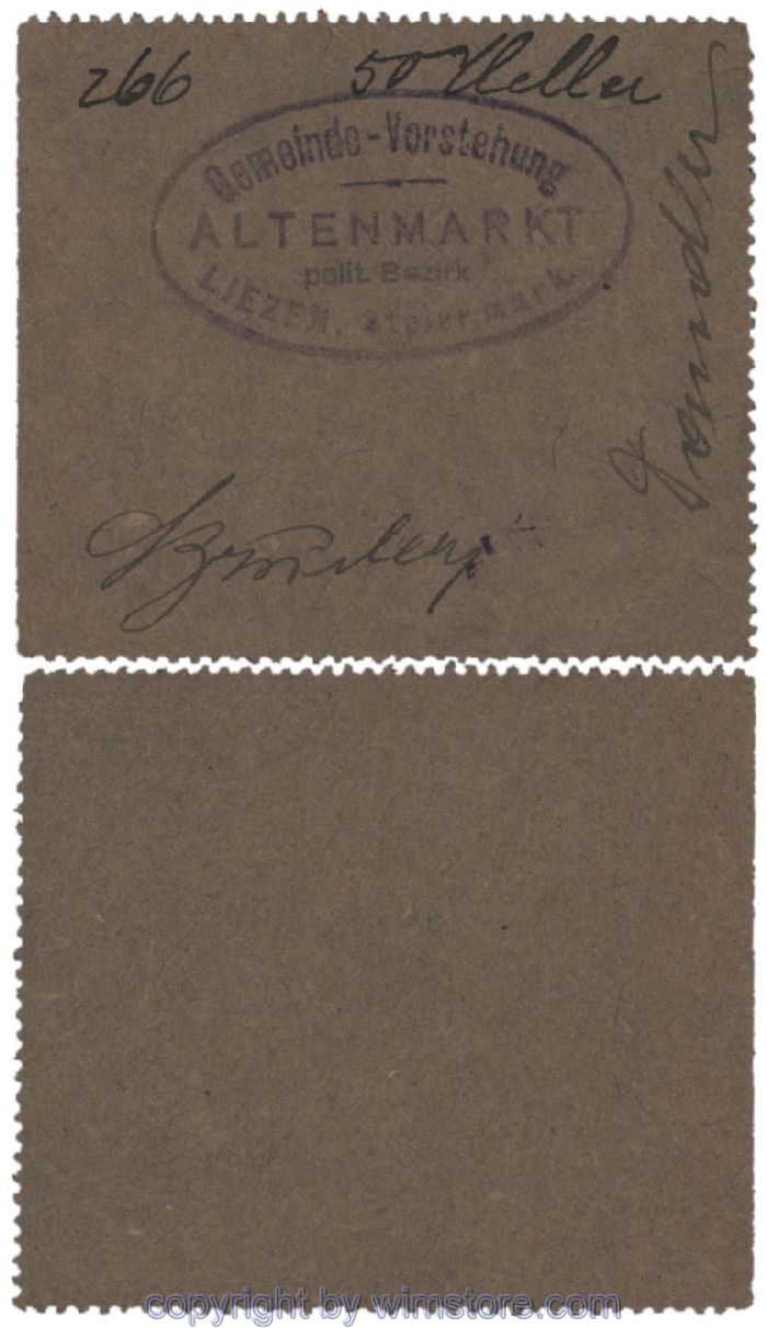 Altenmarkt, G0028Ie15, 50 Heller, graubraun, 3 Seiten perforiert; Erhaltung siehe Bild