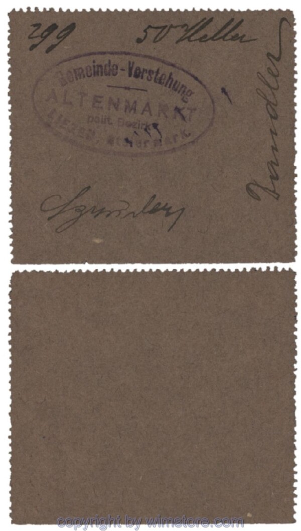 sn100520 Altenmarkt, G0028Ie15, 50 Heller, graubraun, 3 Seiten perforiert; Erhaltung siehe Bild
