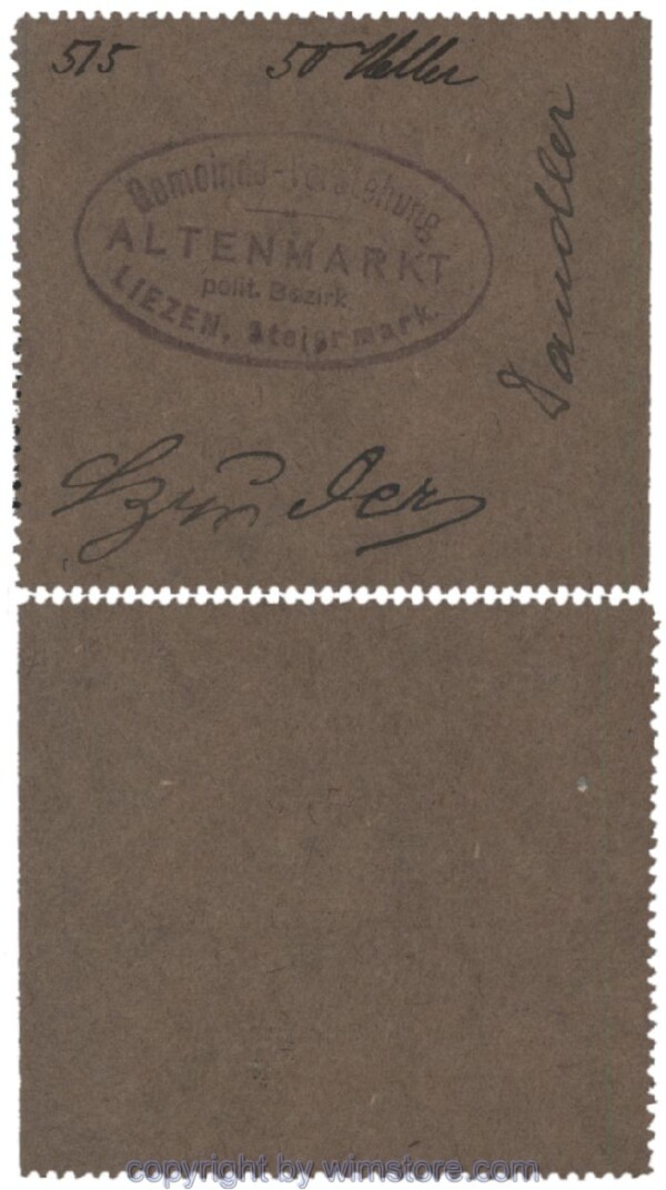 sn100521 Altenmarkt, G0028Ie15, 50 Heller, graubraun, 3 Seiten perforiert; Erhaltung siehe Bild