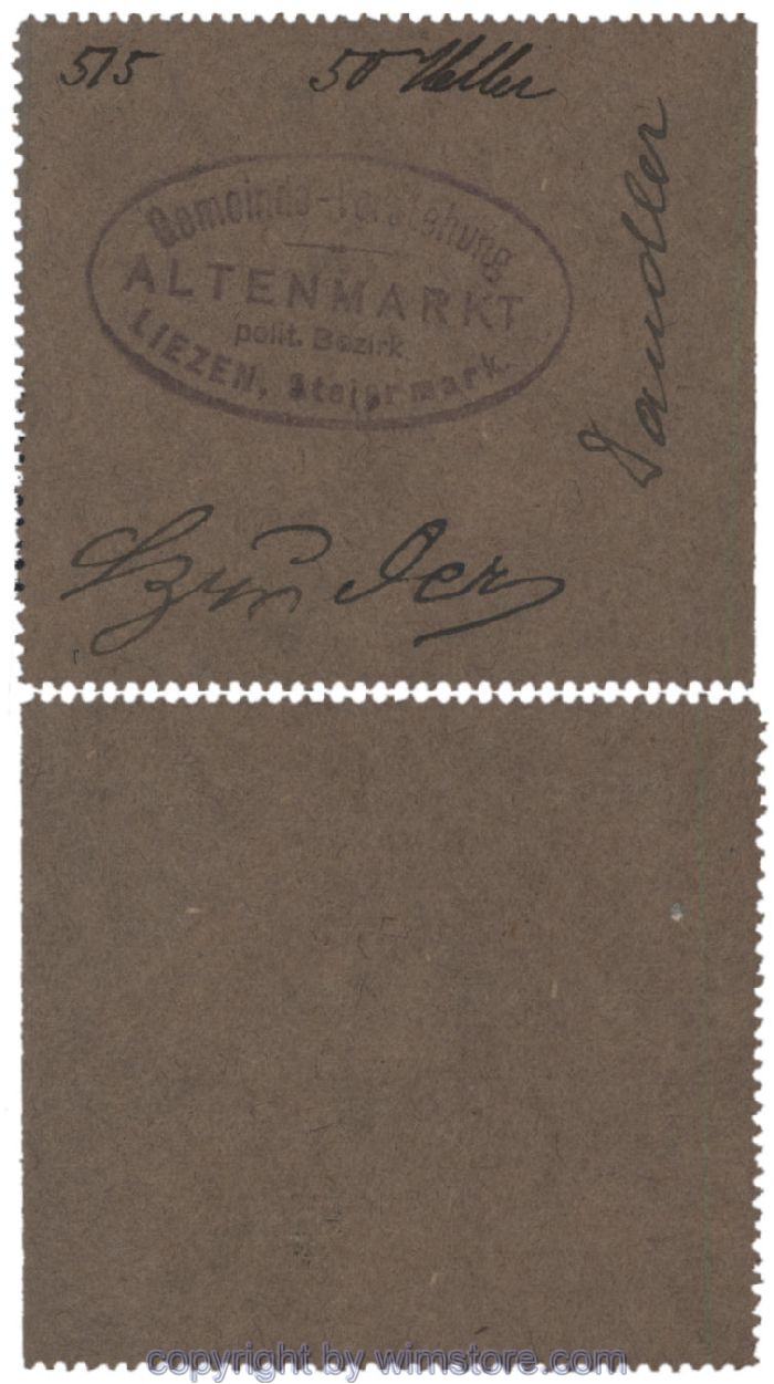 sn100521 Altenmarkt, G0028Ie15, 50 Heller, graubraun, 3 Seiten perforiert; Erhaltung siehe Bild