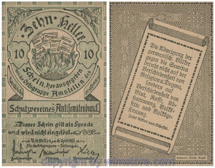 sn100704 Amstetten, Schutzverein Antisemitenbund, Ortsgruppe Amstetten, G0038c, 10 Heller, Abart; 1-