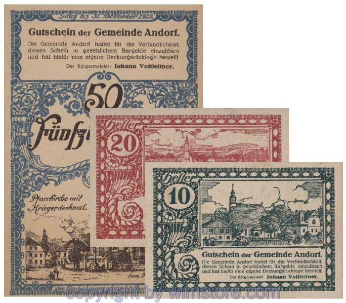 Andorf, G0040a, Serie 10, 20, 50 Heller; 1-
