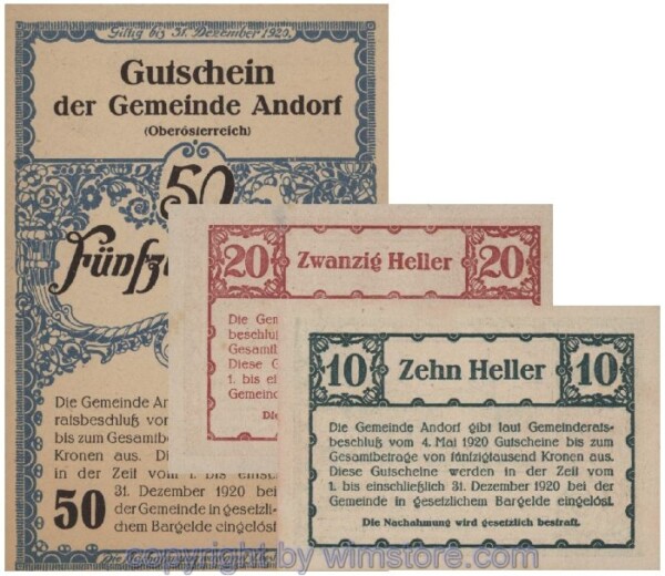 Andorf, G0040a, Serie 10, 20, 50 Heller; 1-