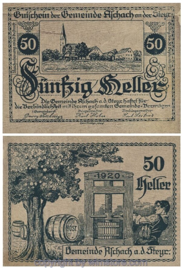 sn101092 Aschach a.d. Steyr, G0054Ia0, 50 Heller, grün, Fehldruck; 1-