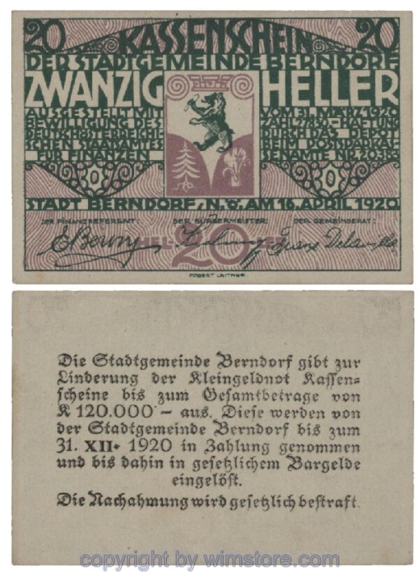 sn101589 Berndorf, G0083a, 20 Heller; 1-