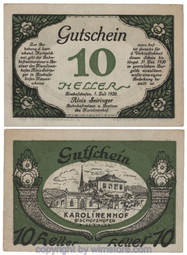Bischofshofen, Prv. Bahnhofsrestaurant Karolinenhof, G0089a, 10 Heller; 2