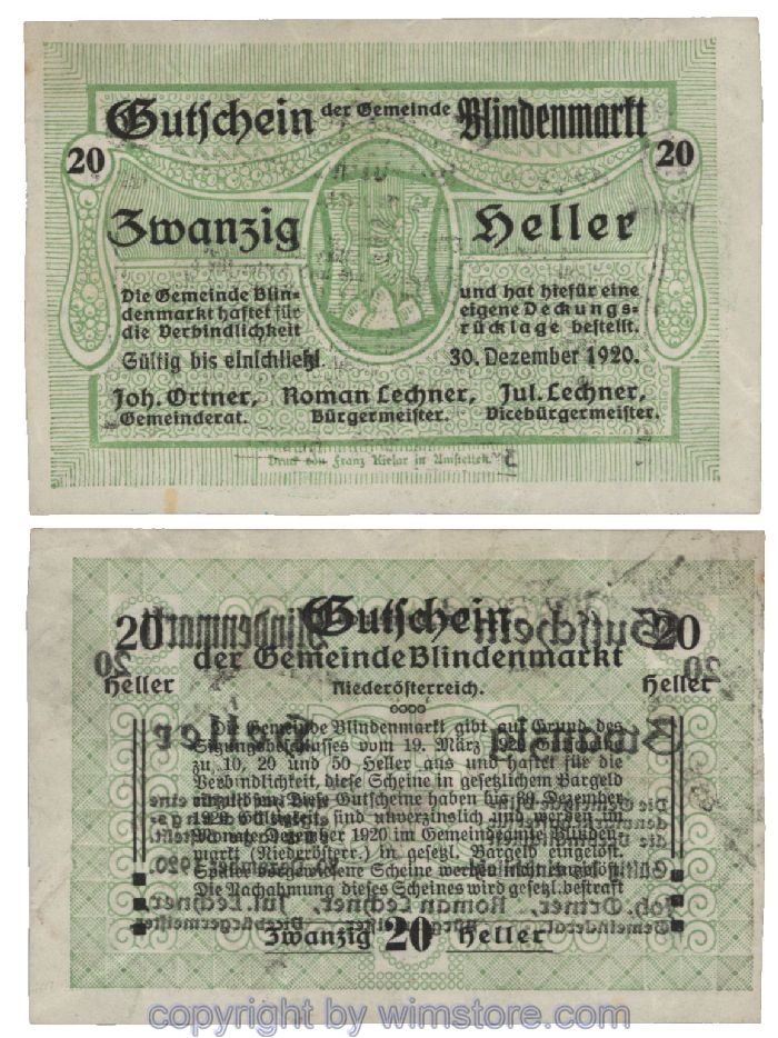 Blindenmarkt, G0093Ia, 20 Heller, Fehldruck; 3