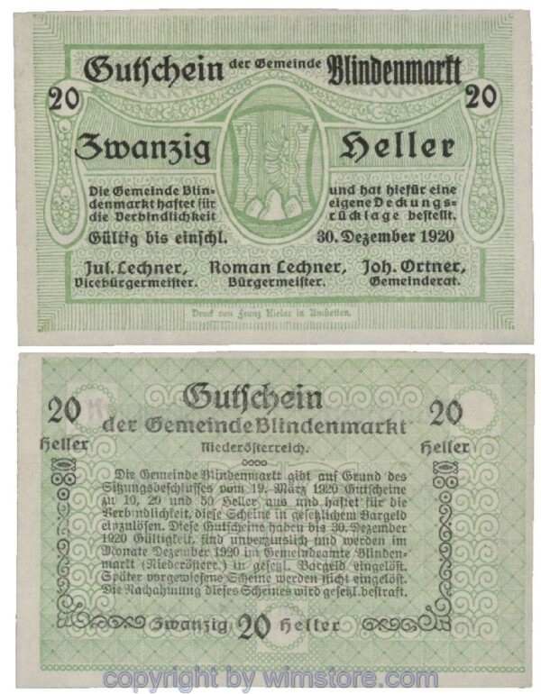 Blindenmarkt, G0093Ic, 20 Heller, Fehldruck; 1