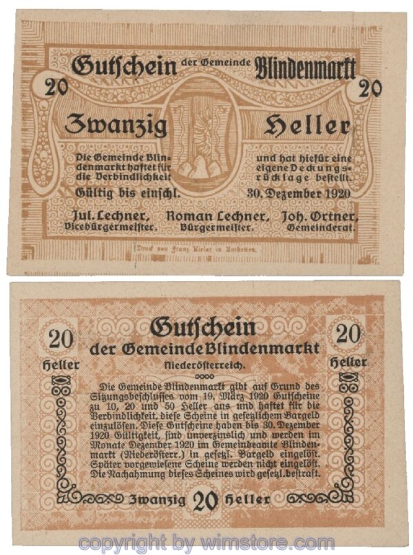 Blindenmarkt, G0093Id, 20 Heller, Fehldruck; 1-