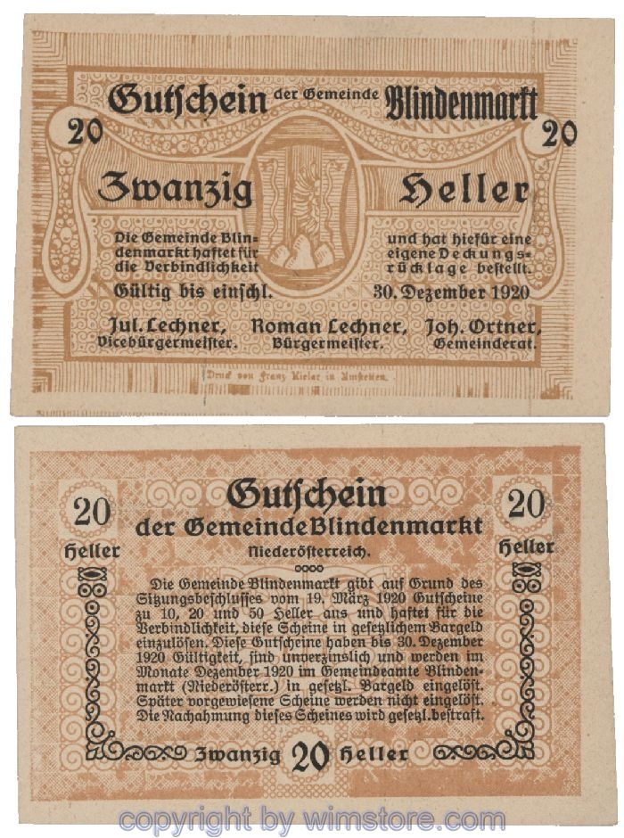 Blindenmarkt, G0093Id, 20 Heller, Fehldruck; 1-