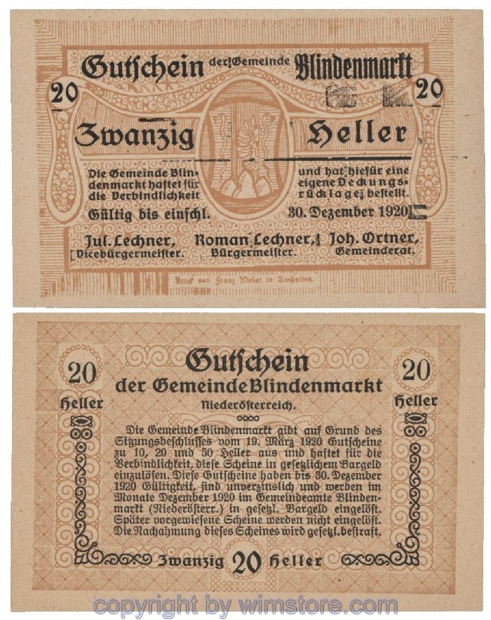 Blindenmarkt, G0093Id, 20 Heller, Fehldruck; 1