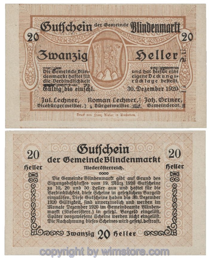 Blindenmarkt, G0093Id, 20 Heller, Fehldruck; 1