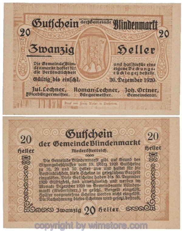 Blindenmarkt, G0093Id, 20 Heller, Fehldruck; 1