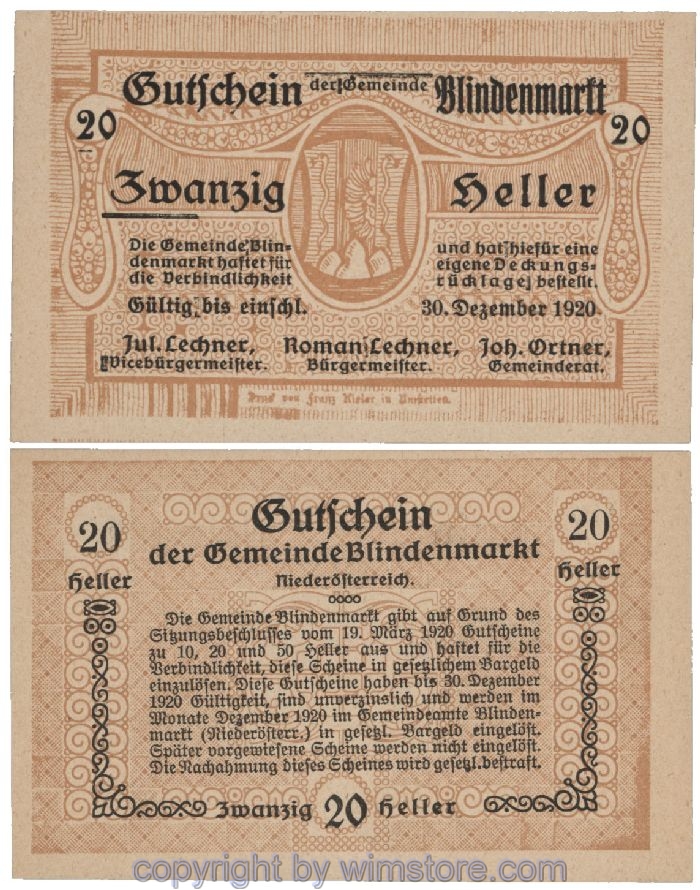 Blindenmarkt, G0093Id, 20 Heller, Fehldruck; 1