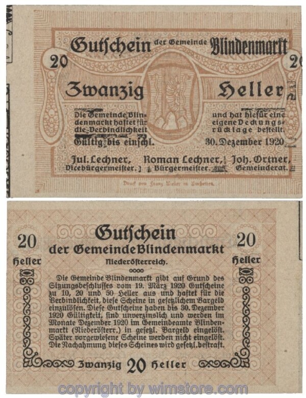 Blindenmarkt, G0093Id, 20 Heller, Fehldruck; 1