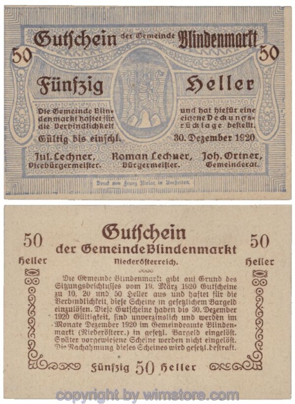 sn101715 Blindenmarkt, G0093Ih, 50 Heller; 1