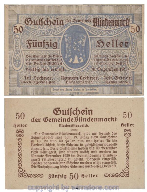 sn101716 Blindenmarkt, G0093Ig, 50 Heller; 1-