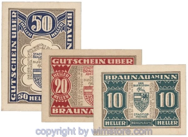 Braunau am Inn, G0101, Serie 10, 20, 50 Heller; 1