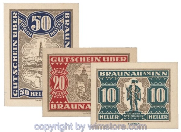 Braunau am Inn, G0101, Serie 10, 20, 50 Heller; 1