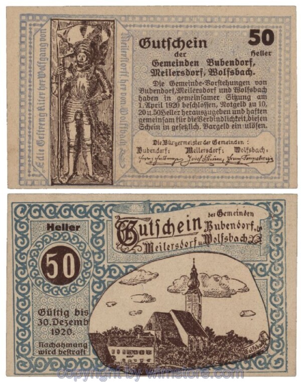Bubendorf/Meilersdorf/Wolfsbach, G0112a, 50 Heller; 1