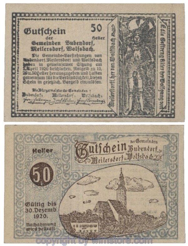 Bubendorf/Meilersdorf/Wolfsbach, G0112f, 50 Heller, Fehldruck; 1