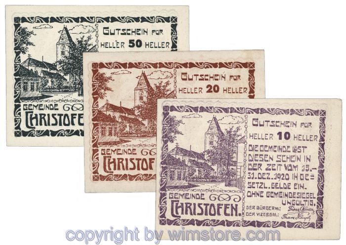 Christofen, G0117a, Serie 10, 20, 50 Heller; 1-