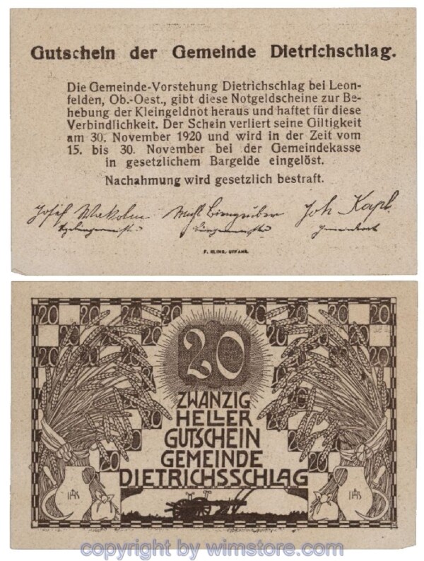 Dietrichschlag bei Leonfelden, G0124a, 20 Heller; 1-