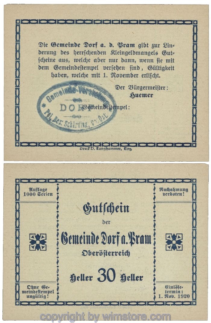 Dorf an der Pram, G0129IIa1, 30 Heller, Gemst. 1; 1