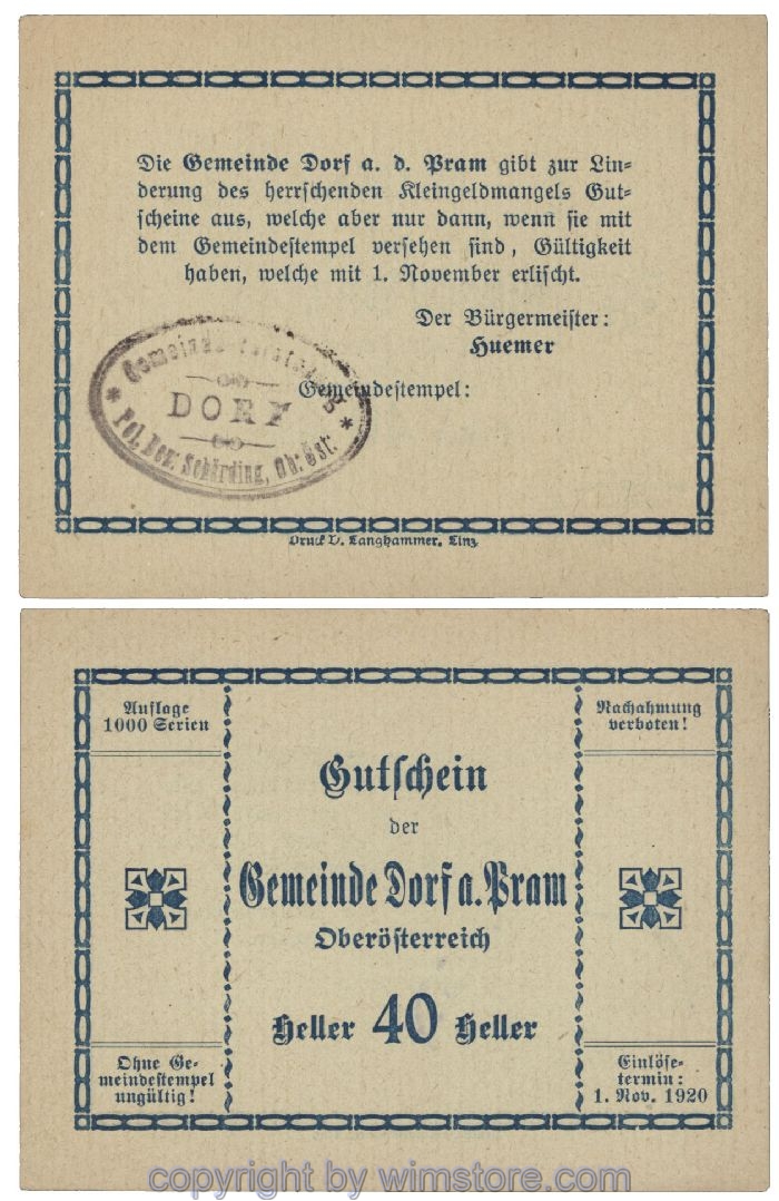 Dorf an der Pram, G0129IIa1, 40 Heller, Gemst. 1; 1