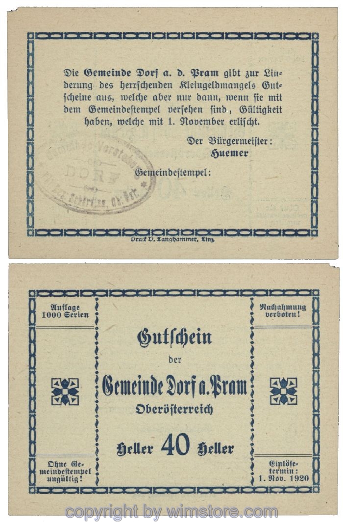 Dorf an der Pram, G0129IIa1, 40 Heller, Gemst. 1; 1-
