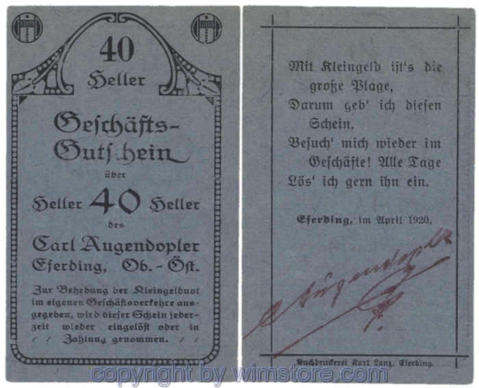 sn103360 Eferding, Prv. Karl Augendopler, J153IIaA1, 40 Heller; 1-