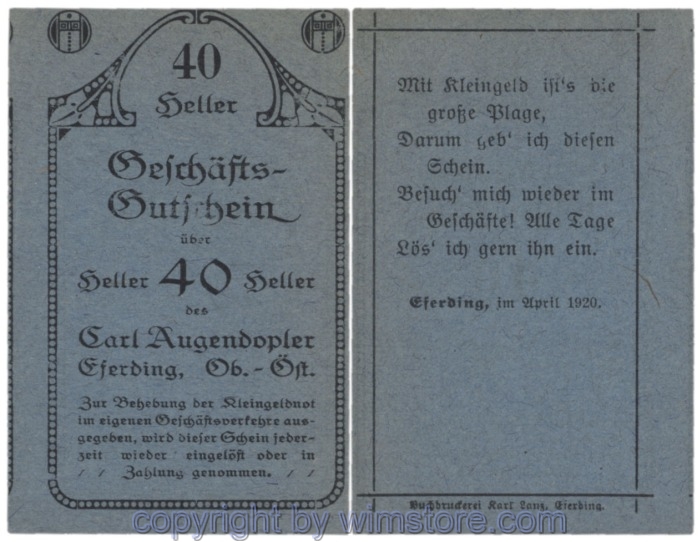 sn103361 Eferding, Prv. Karl Augendopler, J153IIaA1, 40 Heller; 1-
