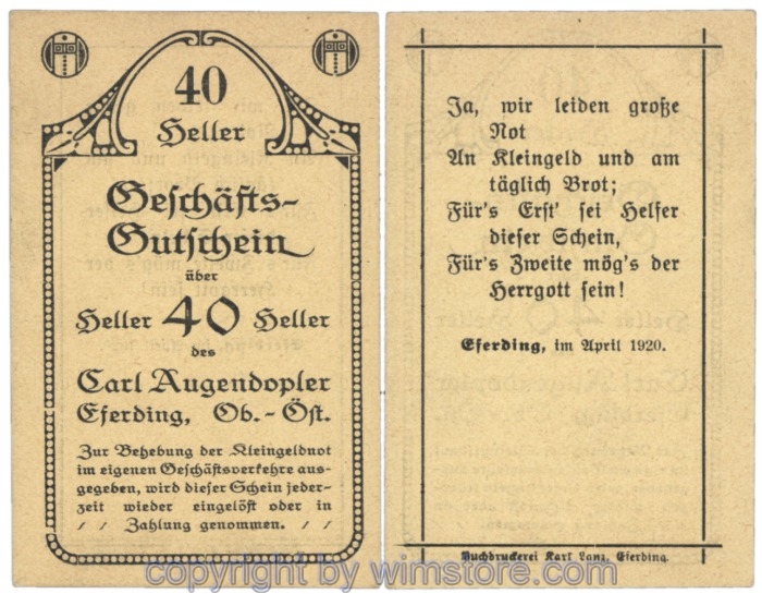 sn103362 Eferding, Prv. Karl Augendopler, J153IIaA2, 40 Heller; 1