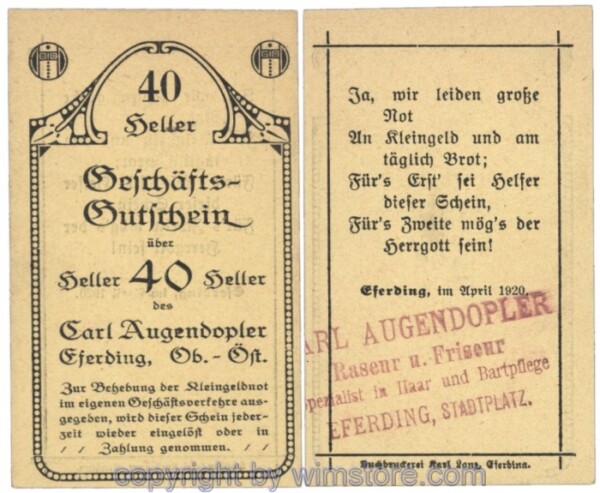 Eferding, Prv. Karl Augendopler, J153IIdB2, 40 Heller; 1-